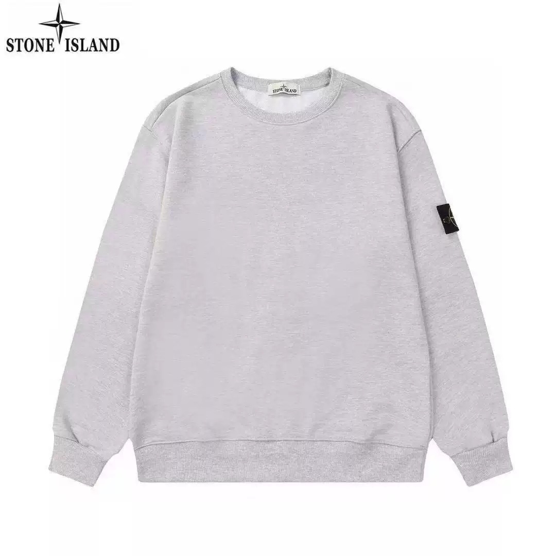 White and Gray Stone Island-Round Neck Sweatshirt