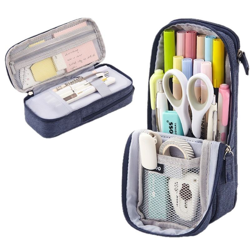 Bolsa de lápices multifuncional plegable de Amazon Caja de papelería de gran capacidad de doble capa creativa Bolsa de papelería de estilo simple de color sólido