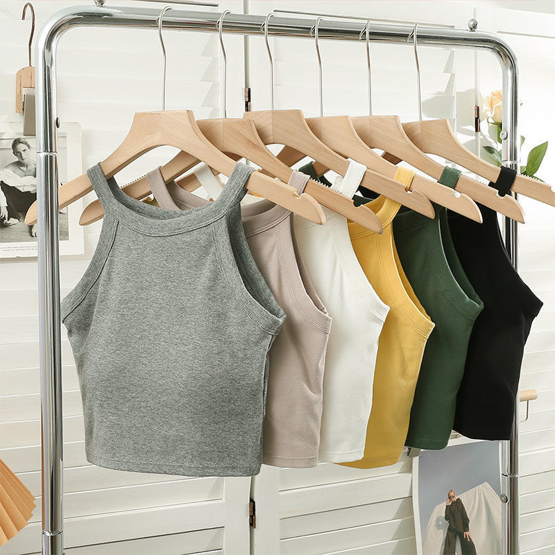 Korean style simple sports casual girl's halter vest cotton breathable sleeveless top fixed cup chest pad bottoming shirt Korean style simple sports casual girl's halter vest cotton breathable sleeveless top fixed cup chest pad bottoming shirt
