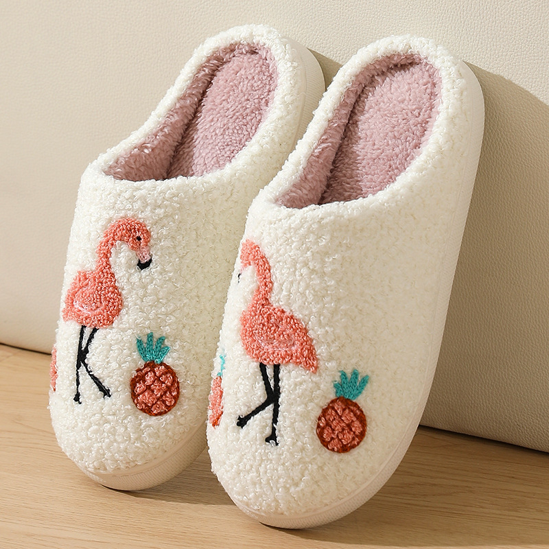 Cross-Border New Style Comfortable Home Warm Winter Cartoon Embroidered Flamingo Cotton Slippers for Men and Women Couples Indoor Cotton Slippers