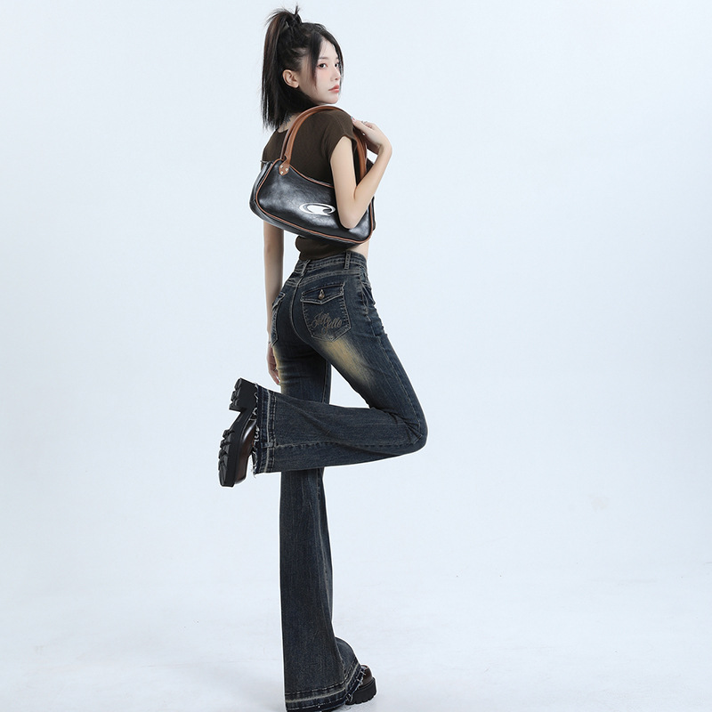 微喇叭牛仔裤女2025秋季新款高腰显瘦弹力小个子毛边马蹄喇叭裤