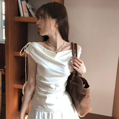 欧美甜美少女风基础斜肩缩褶T恤跨境新款修身显瘦温柔收腰上衣