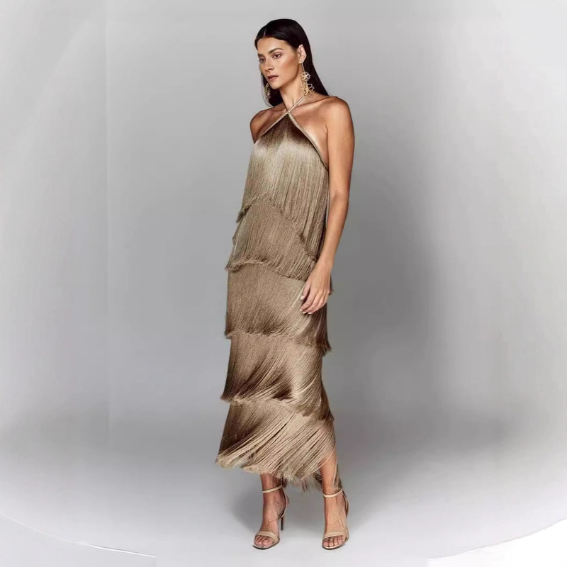 GY25044 Fashion Neck Hanging Tassel Backless dress