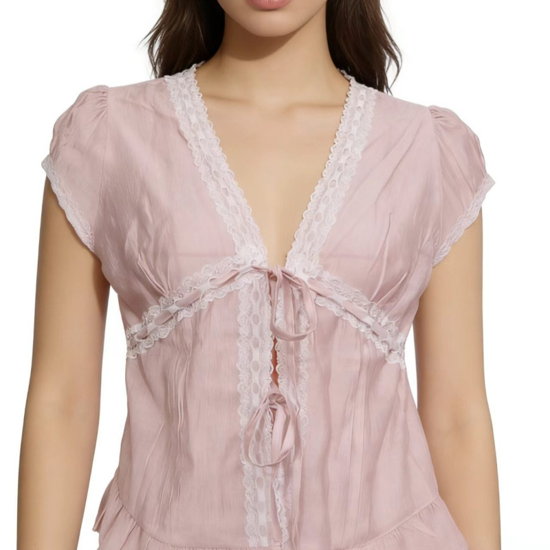 Cross-Border Amazon Aliexpress 2026 Summer French Style Pure Desire White Lace Short-Sleeved Shirt Women's Top