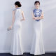 White Improved Cheongsam Fishtail Girl's Long Beauty Model Show Performance Chinese Style Evening Dress KTV