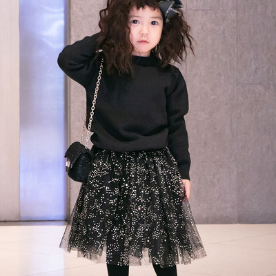 TK21544TU 女童装闪亮礼花印金春秋仙美黑网纱公主半裙Tutu蓬蓬裙