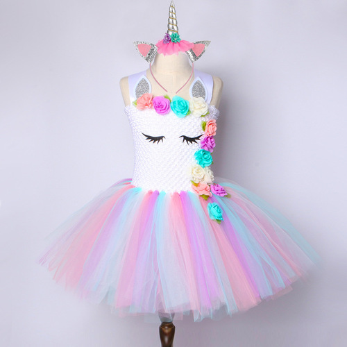 Unicorn tutu skirt with lining and headband for girls, mesh princess dress for holiday performances and formal occasions.