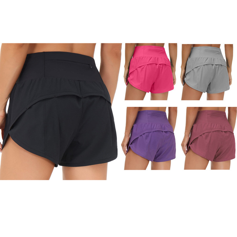 2023 Amazon Cross-Border Women's Running Shorts Fake Two-Piece with Zipper Pocket High Waist Yoga Quick-Drying