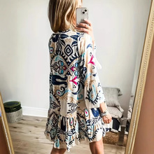 2025春季新款套头V领七分袖连衣裙女欧美民族风印花及膝短裙外贸