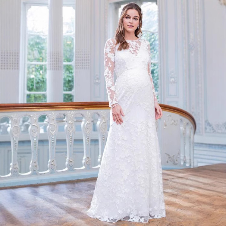 Maternity Dresses European and American Pregnant Women Dress Lace Long Sleeve V-Back Hem Puffy Dress Pregnant Wedding Dress