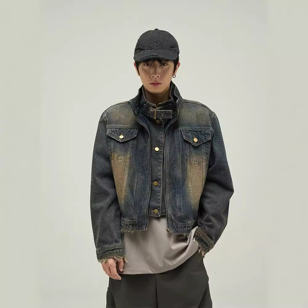 미국 레트로 헤비 데님 재킷 남성용 봄 가을 신상 트렌디 브랜드 스탠드 칼라 숏 더블 버튼 워크웨어 바이커 재킷