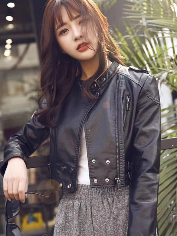 New K-Style of Zakasa Versatile Small Outwear Women's Pu Leather Jacket Women's Short Motorcycle Spring & Fall Slim Stand-Up Collar Wallet