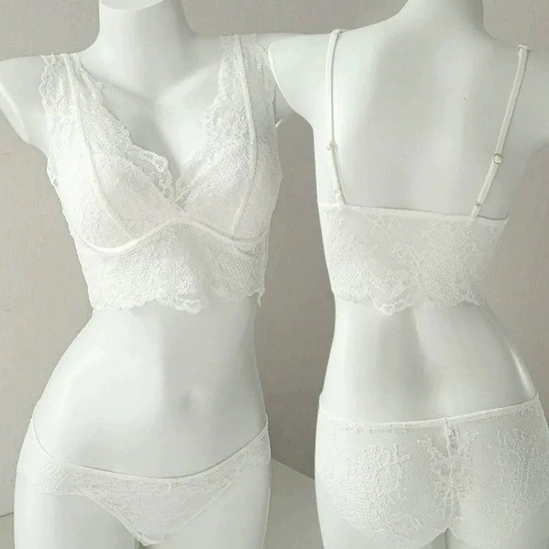 Lace underwear, push up bra, white wireless bra, top with cups, bra top, set, french style