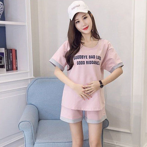 Maternity summer short-sleeve set, outerwear loose version, outdoor casual two-piece maternity pajamas, loose top dress