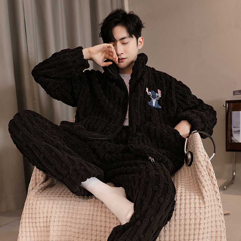 Invierno nuevo simple color sólido hombre pijama casual relajado encantador dibujos animados ropa de casa de dos piezas set