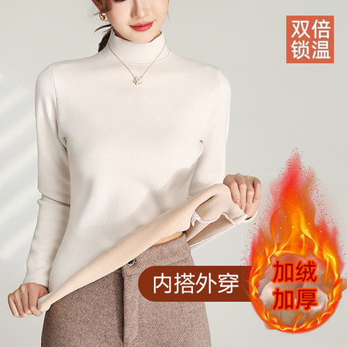 Anna's Wonderful Autumn/Winter Coconut Fiber Fleece Lined, Thickened Collarless T-shirt for Layering or Wearing Alone, Slimming, Comfortable, and Warm for Women