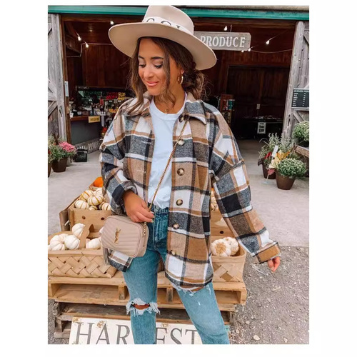 Ins-style autumn street style European and American long-sleeved collar loose women's grid shirt coat