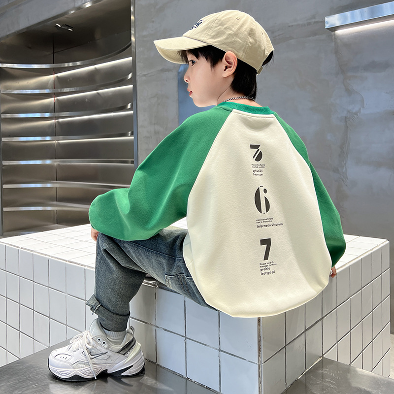 數字男童拼接寬鬆薄款衛衣春裝2024新款中大童長袖上衣兒童裝衣服