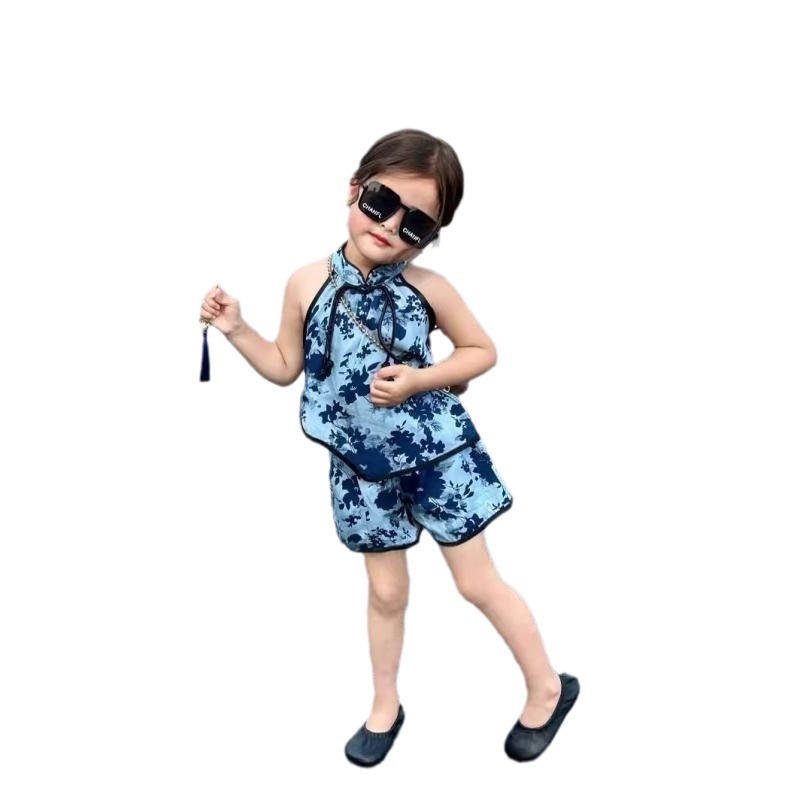 Traje de ropa para niños 2024 nuevo estilo estilo occidental niña sin mangas top floral pantalones cortos de moda cheongsam traje de dos piezas de verano