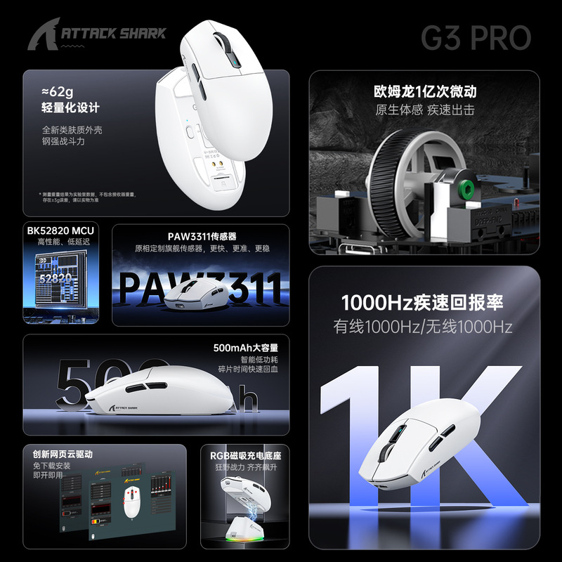ATTACK SHARK アタックシャーク G3PRO マウス軽量 e スポーツ ゲーム 3 モード ワイヤレス Bluetooth RGB ベース充電器|undefined