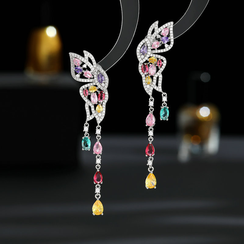 Boucles d'oreilles en argent S925 avec aiguille Ankara et zircon rouge Boucles d'oreilles en forme de goutte d'eau à longues franges en forme de papillon_voghion.com