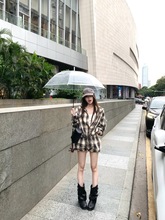 韩系辣妹设计感抽绳连帽长袖格子衬衫短裤女2025夏季新款时尚套装