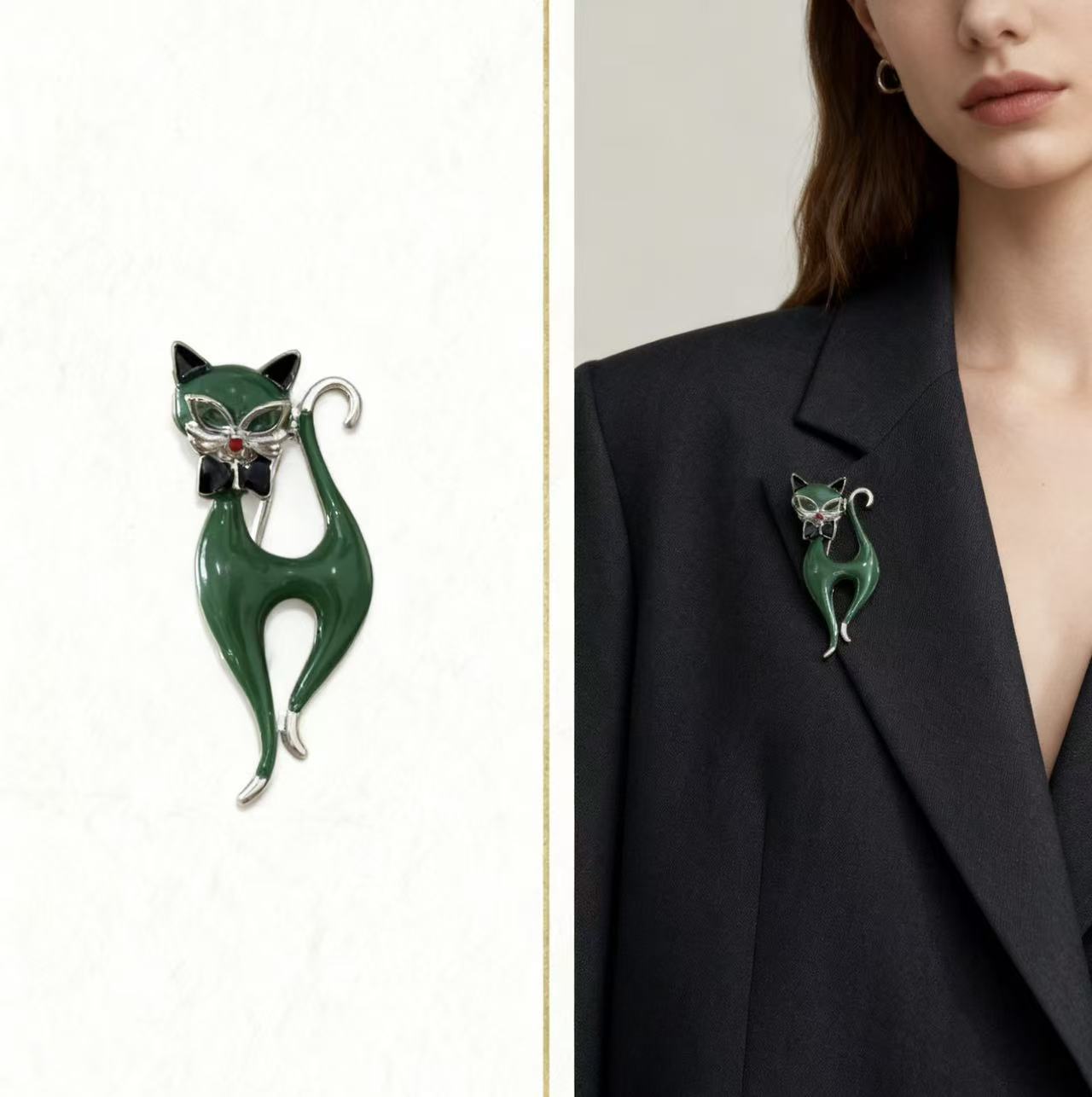 Retro Green Cat Brooch Women's Niche Design High-End Suit Accessories Exquisite Pin Fashion Versatile Corsage