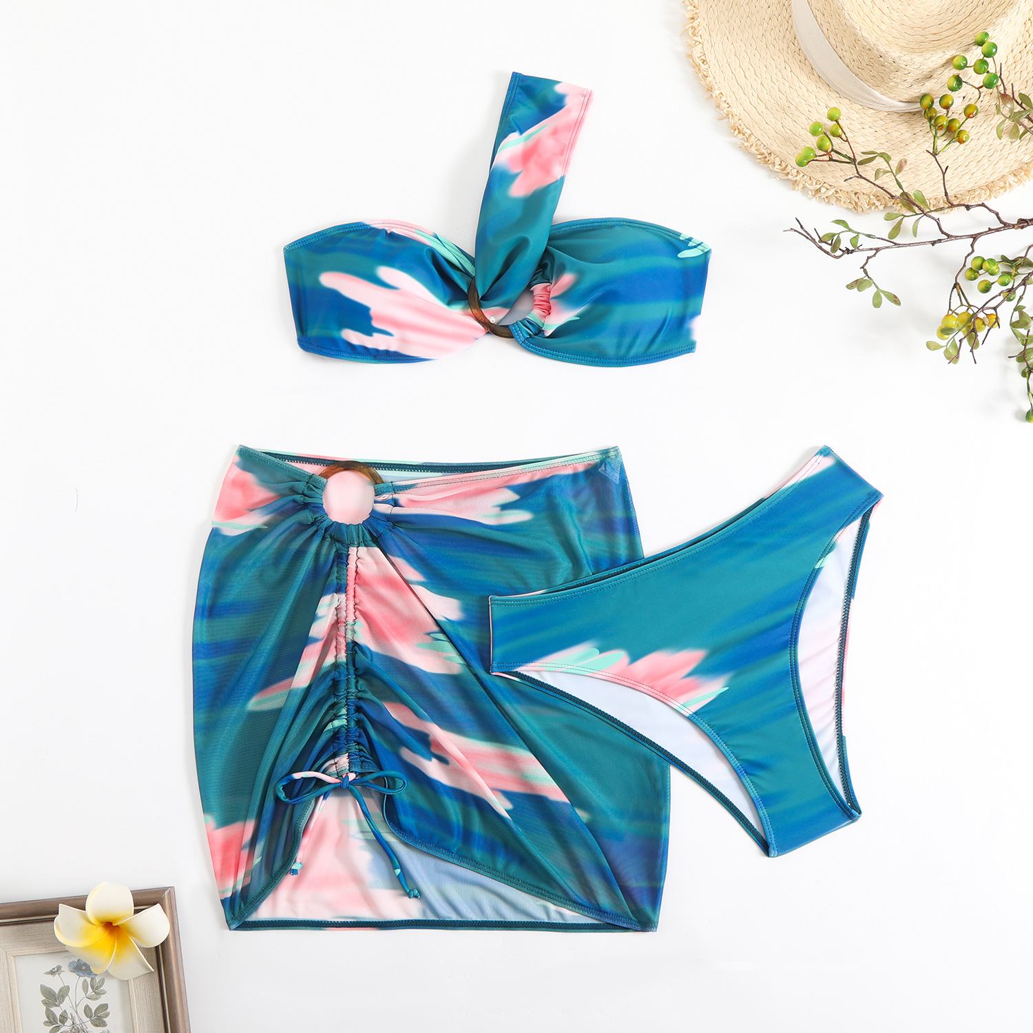 140g Weight Sleeveless Sleeve Length Polyester Fabric Type 3 Pieces Set Quantity Swimming Occasion One Shoulder Neckline Skinny Fit Type Colorful Pattern Women's Gender Sexy Style Women's Sexy Colorful 3 Pieces Set Bikinis Swimwear 21