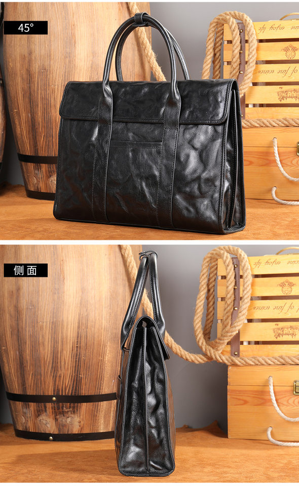 Cặp da nam Malute túi xách tay công sở da bò thật dung tích lớn đựng laptop 14 inch — Màu đen vân phẳng, Màu đen chi tiết 21