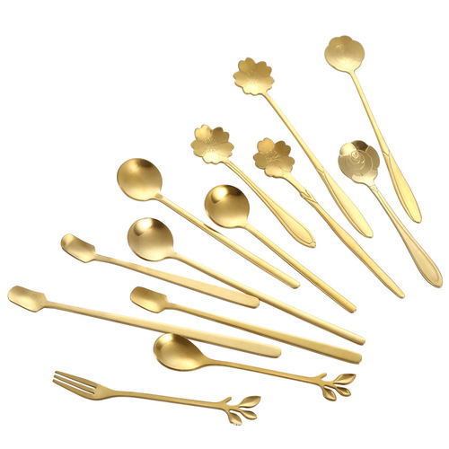 Stainless steel long-hand cherry blossom spoon golden rose spoon gift set, silver ear spoon, stirring square head spoon, leaf spoon