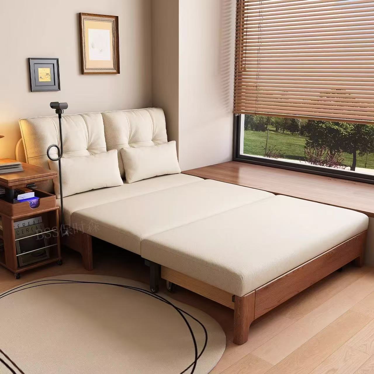 Folding sofa bed, dual-purpose extendable sofa, new model for small apartments, multifunctional living room, foldable double-seater with storage, solid wood