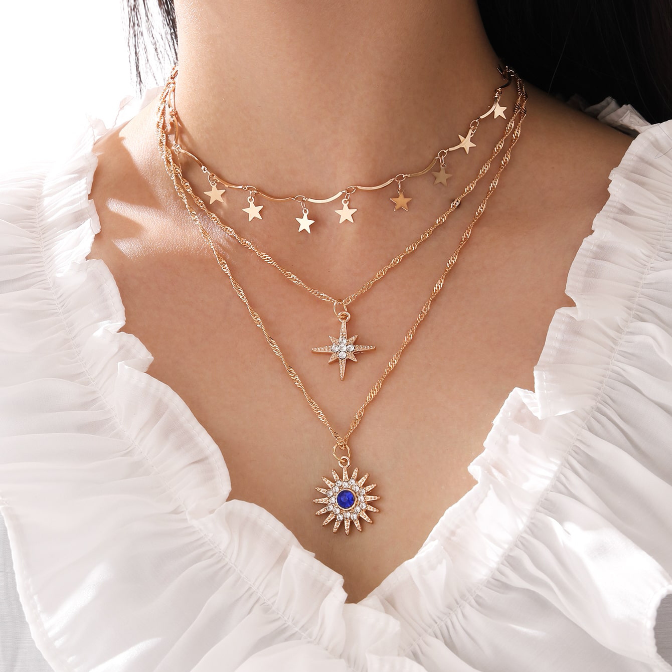 Multilayered wear fivepointed star diamond eightpointed star Sun Flower Pendant Tassel Necklacepicture2