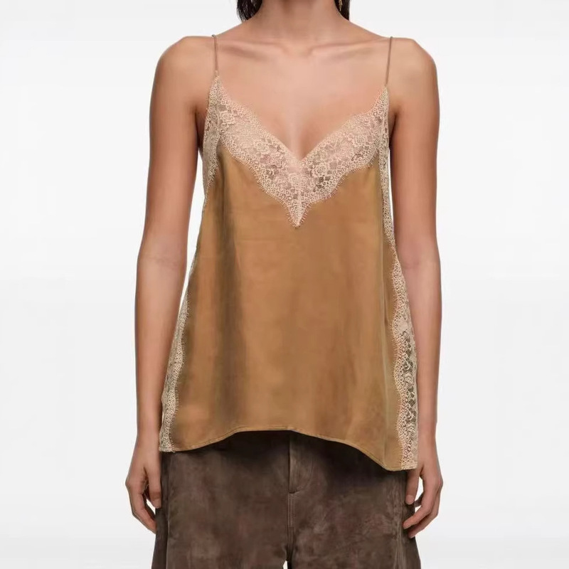 Light Luxury Lace Patchwork Vest for Women, 2026 Summer V-Neck Brown Cupro Versatile Retro Camisole Top