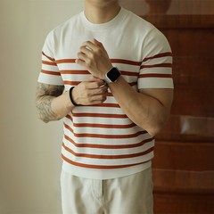 軽熟風丸首ストライプニット半袖tシャツレトロ男性カジュアルビジネス春夏上着半袖tシャツ