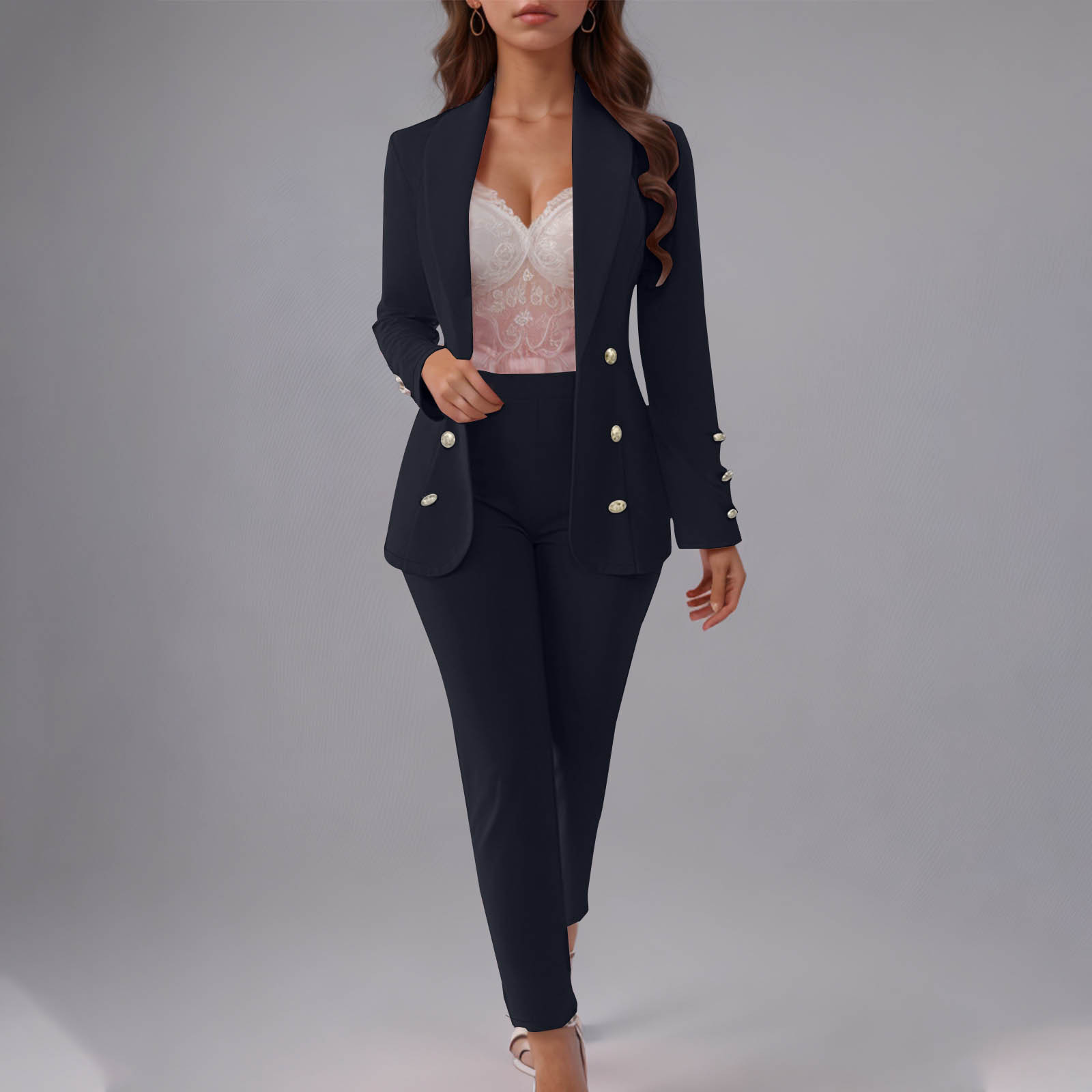 Women's Button-Up Blazer Set – Slim Fit Notch Lapel Suit Jacket & Pants (S-3XL, Poly-Spandex, Wrinkle-Free Office Wear)​_ecoleips.com