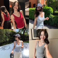pusumede 带胸垫小吊带背心女v领短款修身百搭简约气质无袖上衣