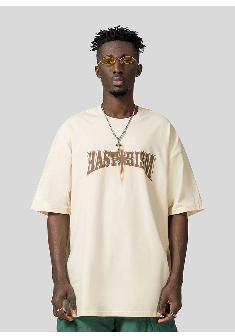 American High Street Fashion Brand T-shirt Men's Short Sleeve Star Print Loose Oversize Off Shoulder Cotton Round Neck_voghion.com