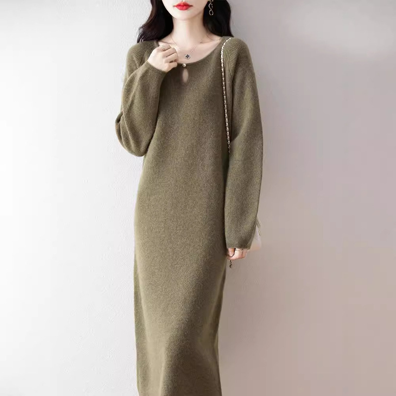 Pure Wool dress Women's Loose Lazy Fashion Over-the-Knee Dress 24 Autumn and Winter New Design Sense Knitted Sweater Dress
