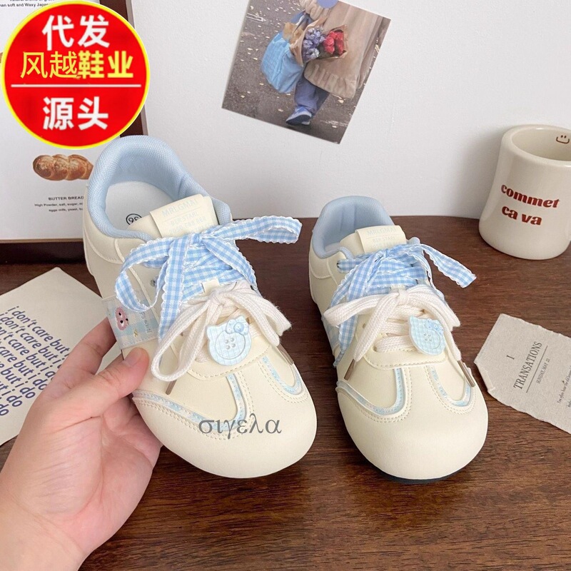 2026 milk blue plaid Katie training shoes for women, soft-soled, puff-style, niche, cute, casual white shoes for students, breathable