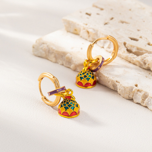 Enamel Rainbow Fish U-Turn Earrings 925 High-end Sense of Satisfaction Ancient Gold Earrings New Chinese Retro Earrings