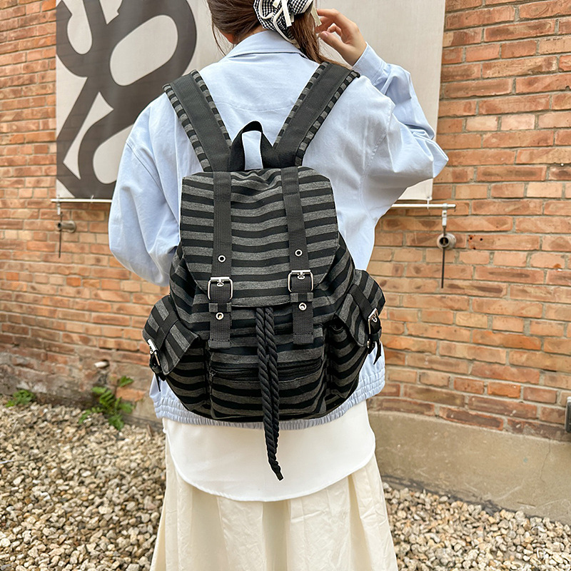 Korean Style Ins Same Style Functional Style Retro Striped Backpack New Arrival All-match Large Capacity Student Class Casual Bag