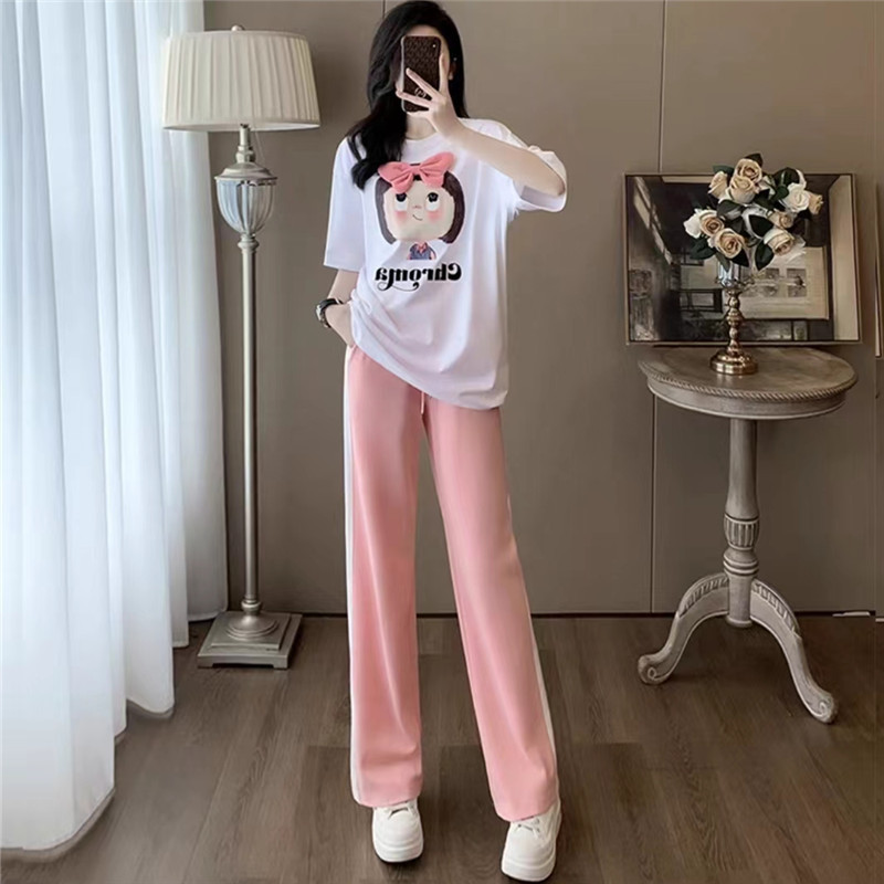 Fashionable Summer Wear Sweet Wear Sports Suit Women's 2024 Summer Cappy Short-sleeved T-shirt Wide-leg Pants Two-piece Set