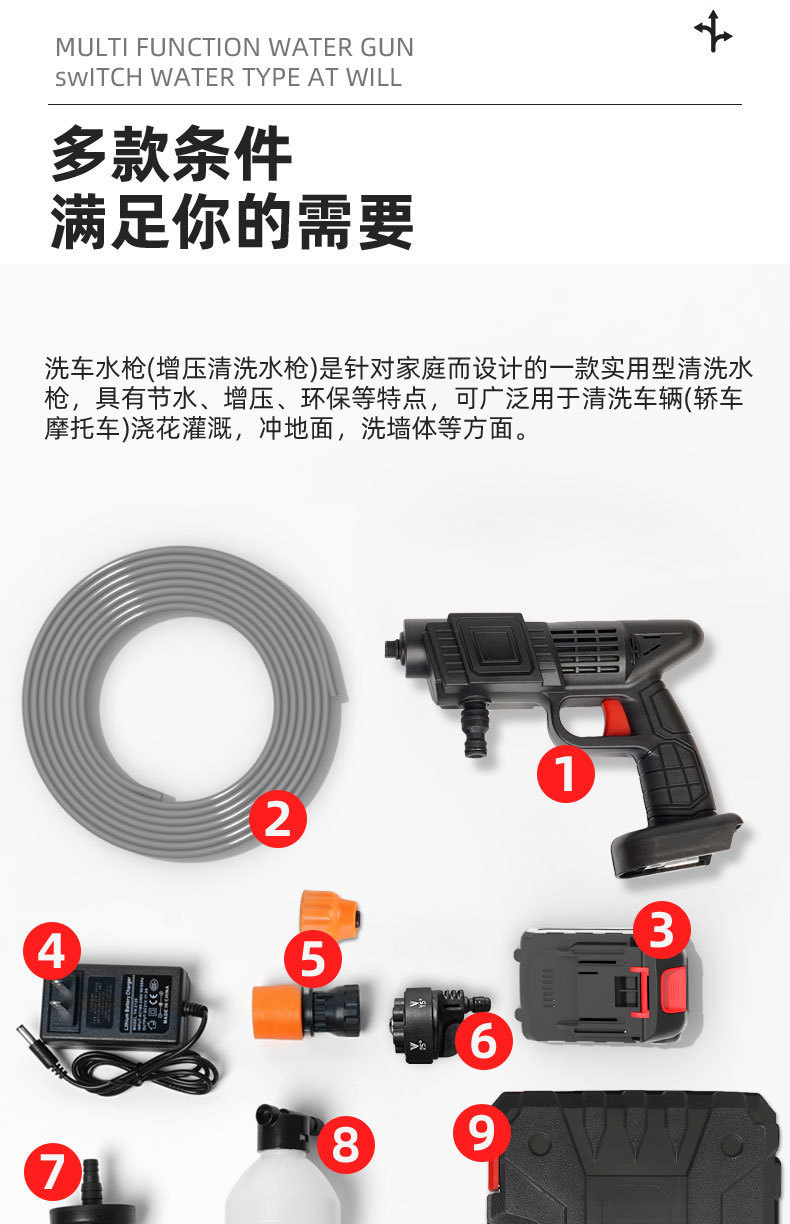 Home-use lithium battery high-pressure water gun wireless car wash machine set, rechargeable outdoor car washer