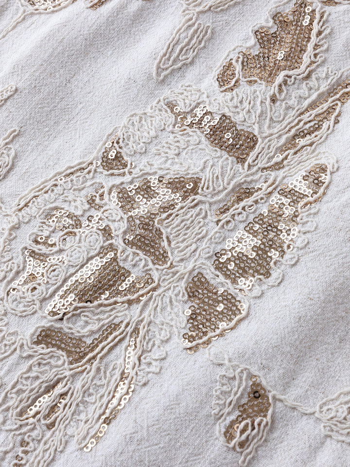 Chân váy linen nữ dáng suông dài vừa, thêu đính kim sa công phu, phong cách quý cô thanh lịch — Màu be