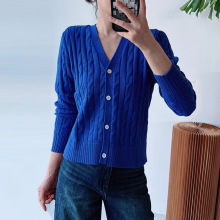 拉夫劳羊绒棉25新款时尚刺绣麻花V领毛衣开衫绞花外套女针织衫