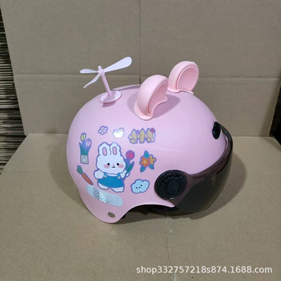 children's helmet electric motorcycle four seasons: Motosiklet kaskı (dəbilqə) - pink-strap-rabbit-sun-protection-mirror-pink-bear-ears-pink-windmill-3c-certified-1-6-years-old-j02