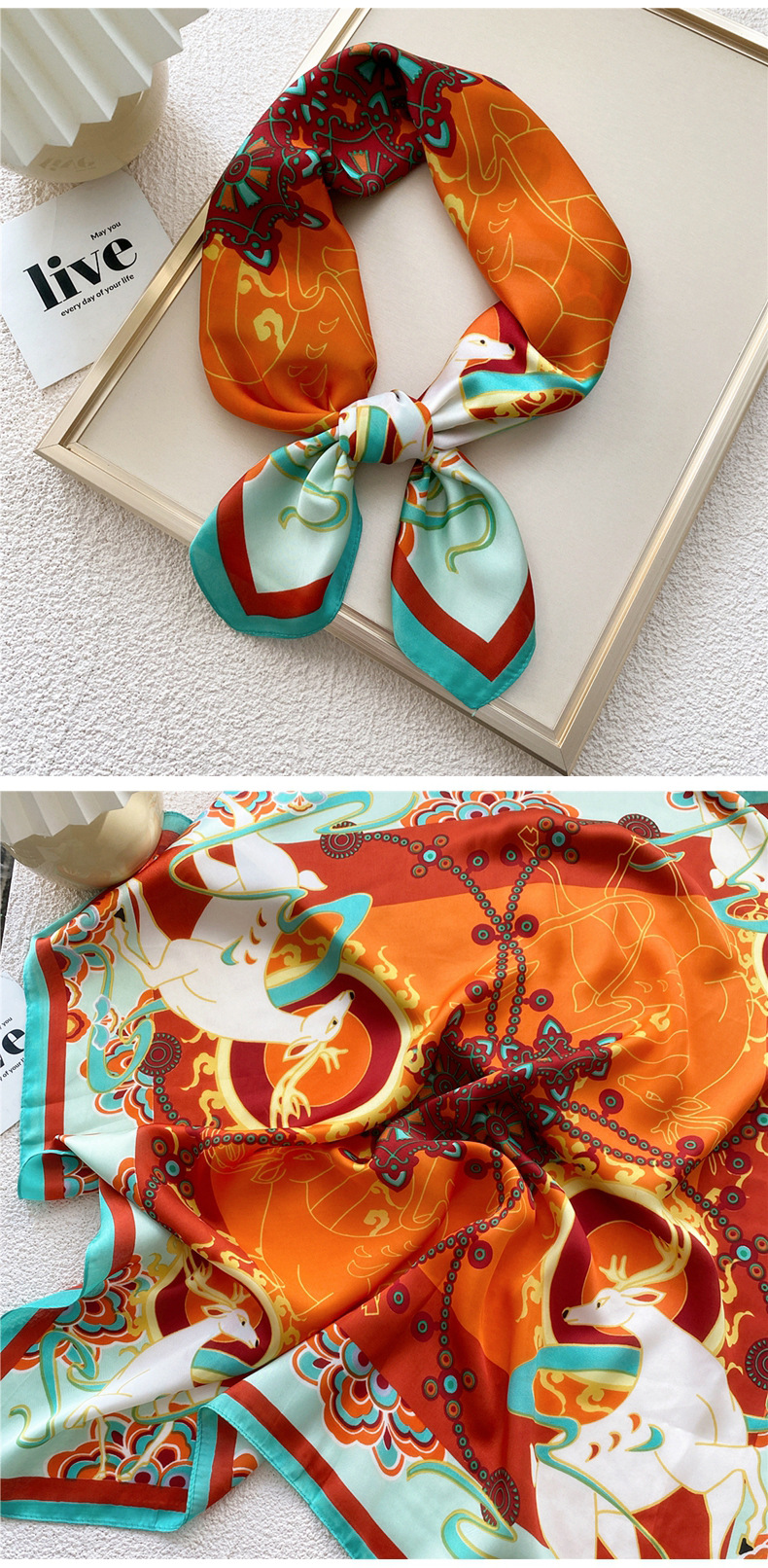 50g Weight Silk Scarf Classification Travel Occasion Silk Material Unisex Gender Printing Design Sweet Style Grey, Red, Green, Blue, Yellow, Black Color Unisex Sweet Silk Printing Silk Scarf 无