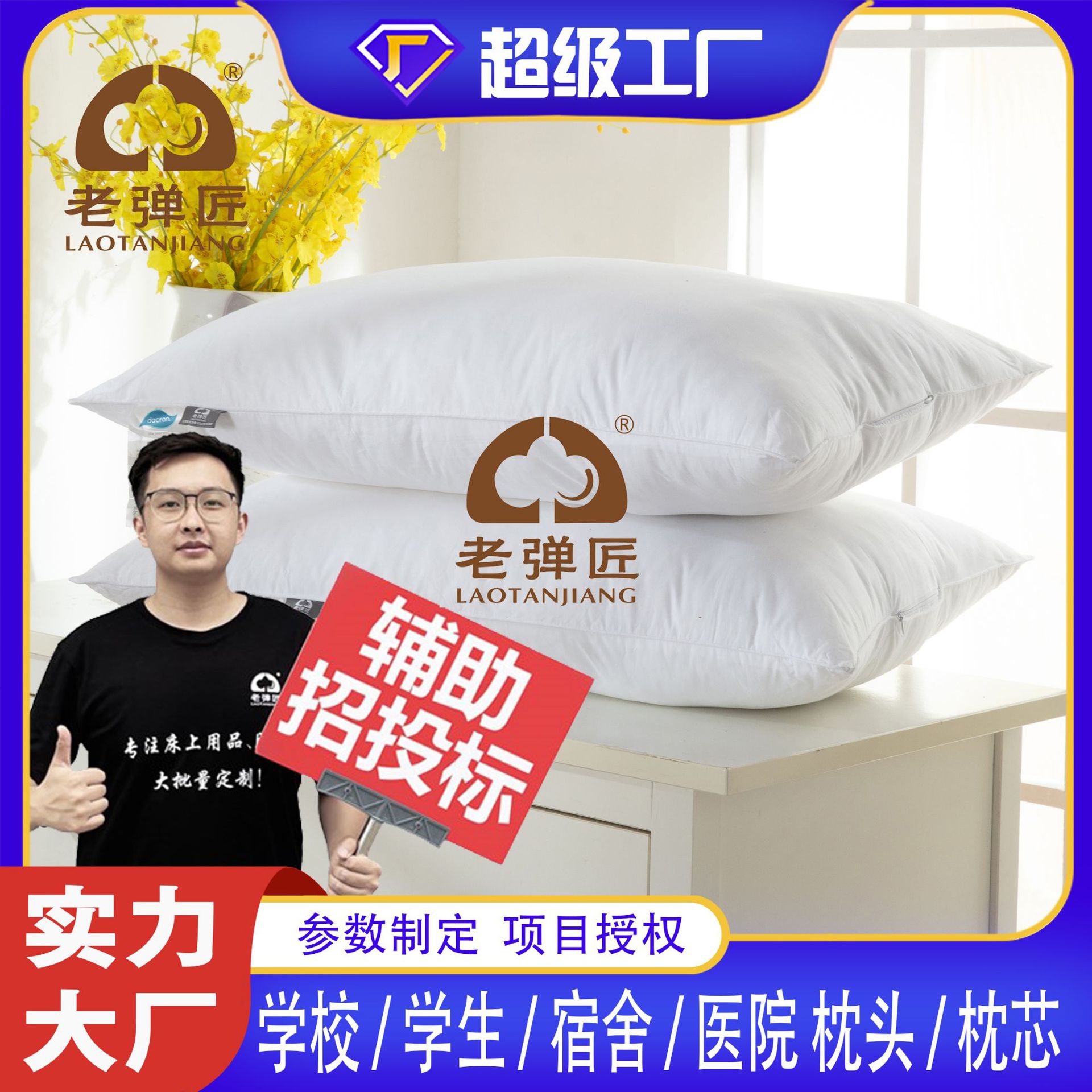 蓬松简约白色家用酒店宾馆枕头羽丝棉学校学生枕头枕芯厂家批发