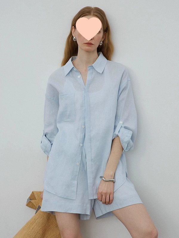 白色老钱风亚麻长袖衬衫女夏薄款轻奢设计感棉麻衬衣短裤防晒套装|undefined