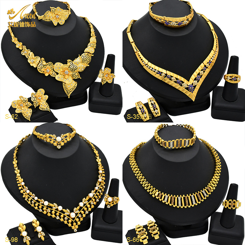 2023 Dubai 24K chapado en oro flor hueco joyería traje collar pendientes pulsera anillo Oriente Medio Dubai joyería